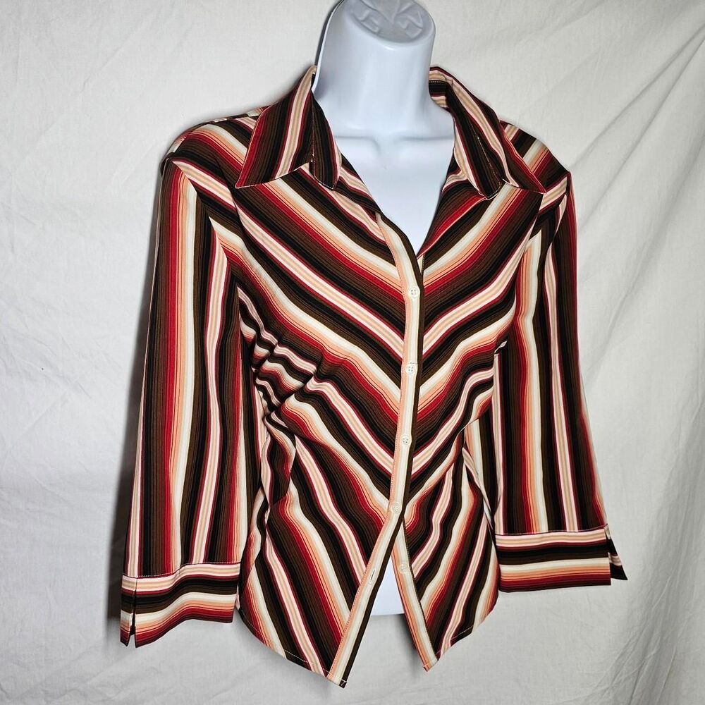 Vintage y2k orange red cream funky striped 3/4 sleeve blouse